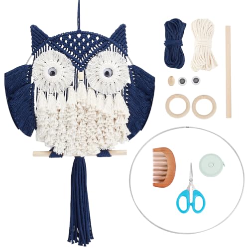 FREEBLOSS DIY Makramee Eule Kit mit Anleitung Makramee Wandbehang Ornament Boho Wandbehang Dekoration Marineblauer und weißer Makramee-Wandteppich Geschenk Makramee-Kit für Anfänger von FREEBLOSS