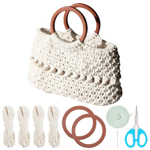 FREEBLOSS DIY Makramee Taschenset Boho Makramee Handtasche Mit Holzgriffen Makramee Einkaufstaschenset Makramee Sets Für Erwachsene Und Anfänger Mit Anleitung Handgewebte Tasche Für Frauen von FREEBLOSS