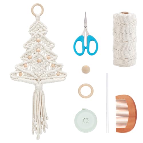 FREEBLOSS DIY Makramee Weihnachtsbaum Set, Natürliche Weiße Weihnachtsbaum Hängeornamente, Wandbehang, Wandteppich Mit Holzperlen, Makramee Quasten, Wandbehang, Makramee Set Für Anfänger von FREEBLOSS