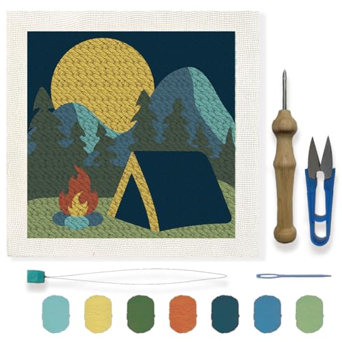 FREEBLOSS DIY Punch Needle Kit, Camping Punch Needle Stickerei, Wandbehang, Malerei, Punch Needle Kit Für Anfänger, Poke Embroidery, Löwenzahn Raumdekor, Bereits Gerahmt von FREEBLOSS