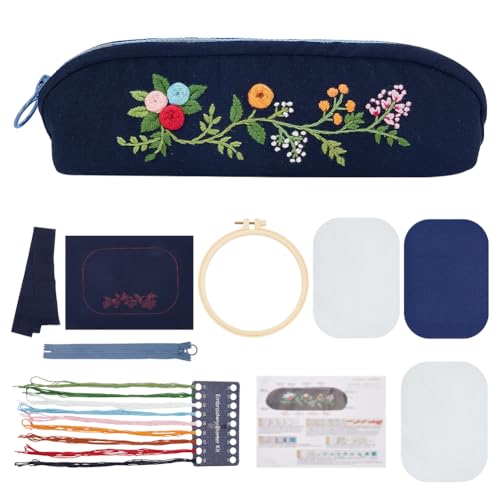 FREEBLOSS DIY Stickerei Federmäppchen, Stickset, Dunkelblaues Federmäppchen Herstellungsset, Traditionelles Stickerei Starter Set Im Blumenstil Mit Anleitung, Handgefertigtes Federmäppchen von FREEBLOSS