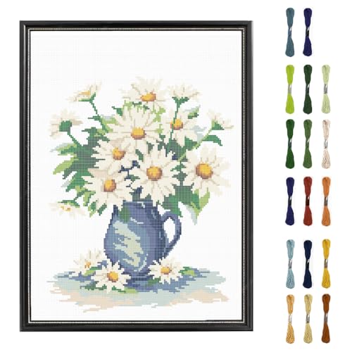 FREEBLOSS Daisy&Vase Kreuzstich Set, Kreuzstich Starter Set Für Erwachsene Mit Anleitung, 13 x 17'' Tücher Aus Reiner Baumwolle, Kreuzstich Für Anfänger, Kreuzstich Wandbehang, Ohne Rahmen von FREEBLOSS