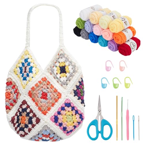 FREEBLOSS Häkelset Für Anfänger, DIY Granny Square Häkel Einkaufstasche, Häkeltasche Starter Kit Mit Video Tutorials, Gehäkeltes Tragetaschen Set, Strickset Inkl. Garn, Häkelnadel von FREEBLOSS