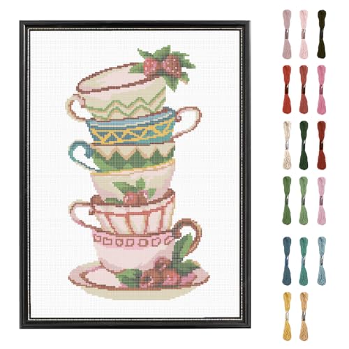 FREEBLOSS Kaffeetasse Kreuzstich Set, Kreuzstich Starter Set Für Erwachsene Mit Anleitung, 13 x 17'' reine Baumwolltücher, Kreuzstich Für Anfänger, Kreuzstich Wandbehang, Ohne Rahmen von FREEBLOSS