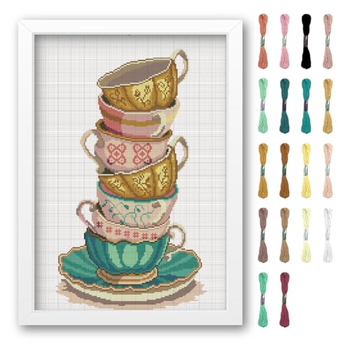 FREEBLOSS Kreuzstich Set Für Anfänger Teetassen Gestempelte Kreuzstichmuster Landschaften Cross Stitch Kit Zum Aufhängen An Der Wand DIY Stickerei Nadelspitzen Set Stickset Für Erwachsene 35x50cm von FREEBLOSS