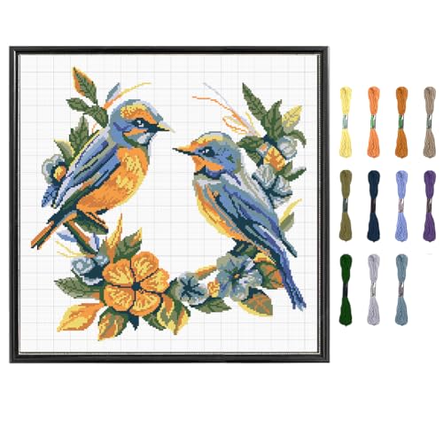 FREEBLOSS Kreuzstich Set Für Erwachsene Mit Vögeln Gestempelt Vollständiges Sortiment An Kreuzstich Blumen Vorgedruckte Kreuzstichmuster Cross Stitch Kit Zum Aufhängen An Der Wand von FREEBLOSS