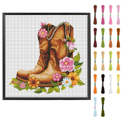 FREEBLOSS Kreuzstich Set Zum Selbermachen Wandbehang „Stiefel Voller Blumen“ Gestempeltes Kreuzstich Wandgemälde Kreuzstich Im Retro Stil Wandkunst Für Zuhause Kreuzstich Starter Set von FREEBLOSS