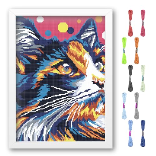 FREEBLOSS Kreuzstich Sets, Bunte Katze, Komplettes Sortiment An Kreuzstich Sets Mit Stempeln Für Anfänger, Gezählte Kreuzstich Sets, Sticksets, Kunsthandwerkssets als Geschenk Und Heimdekoration von FREEBLOSS