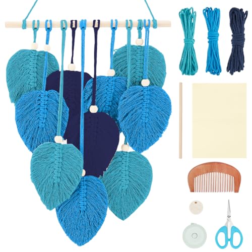 FREEBLOSS Makramee Blatt Set, Makramee Blatt Wandbehang, Kreativer Blauer Blatt Wandteppich, Böhmisches Dekor, Makramee Set Für Anfänger, Handgefertigte Feder Wanddekorationen Für Schlafzimmer von FREEBLOSS