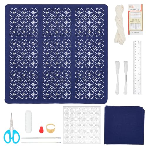 FREEBLOSS Sashiko Geschirrtuch Set Mit Acryl Vorlage Sashiko Set Mit Sashiko Schablone Sashiko Nadeln Und Faden Handnähset Für Erwachsene Und Anfänger Stickset Für Anfänger Mit Anleitung von FREEBLOSS