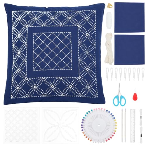 FREEBLOSS Sashiko Kissenbezug Set DIY Kissenbezug Set Komplettes Sashiko Zubehör Set Mit 2 Acryl Sashiko Schablone Stickset Mit Englischer Anleitung Sashiko Faden Und Nadeln von FREEBLOSS