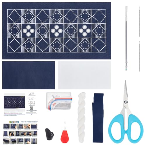 FREEBLOSS Sashiko Teematte, Sashiko Set Mit Komplettem Sashiko Zubehör, Stick Übungsset, Sashiko Faden Und Nadeln, Handnähset Für Erwachsene, Anfänger, Anleitung Enthalten von FREEBLOSS