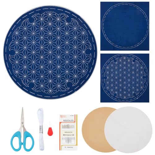 FREEBLOSS Sashiko Teematte DIY Sashiko Kit Mit Anleitung Vorgedrucktes Muster Sashiko Kit Für Anfänger 13.78 * 13.78'' Hanfblatt Sashiko Teematte Sashiko Japanisches Handarbeitsset von FREEBLOSS