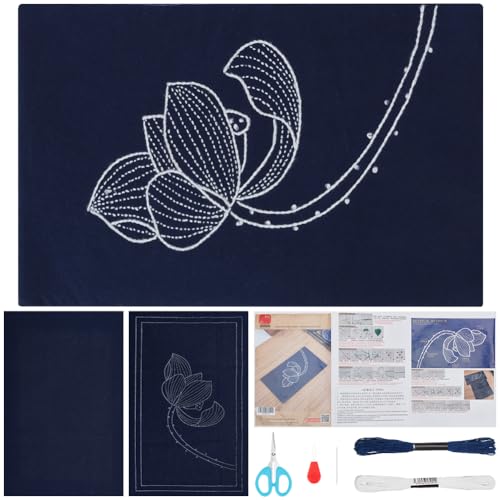 FREEBLOSS Sashiko Teematte DIY Sashiko Kit mit Anleitung Sashiko Kit für Anfänger Lotus Sashiko Japanische Handarbeitsset für Einweihungsgeschenk von FREEBLOSS