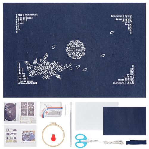 FREEBLOSS Sashiko-Teematten-Set, Sashiko-Set, Stickset Für Anfänger Für Erwachsene, Sashiko-Zubehör Mit Faden Und Nadeln, Handnähset, Japanisches Stickset von FREEBLOSS