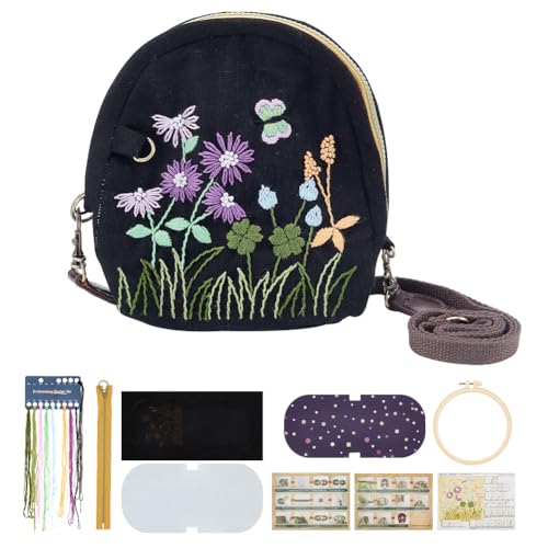 FREEBLOSS Schwarze Stickerei Crossbody Bag Gänseblümchen Stil Stickereiset mit Anleitung 17x15cm Stickrahmen Stickerei Starter Kit für Erwachsene Geburtstagsgeschenk von FREEBLOSS