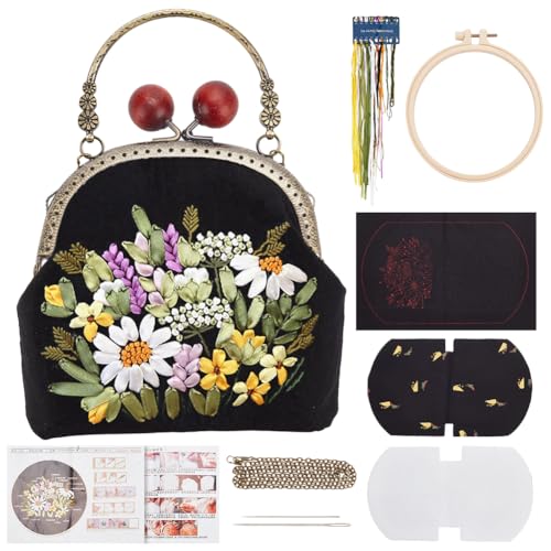 FREEBLOSS Stickband Handtaschen Set Blumen Damen Handtasche Nadelspitzen Set Für Erwachsene Stickset Mit Anleitung Handgefertigtes Bucket Bag Stick Starter Set Für Anfänger von FREEBLOSS