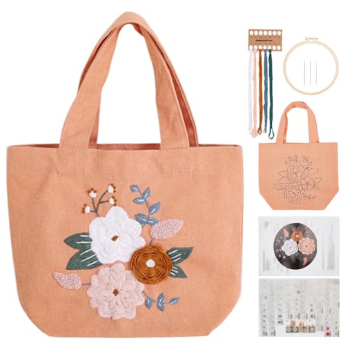 FREEBLOSS Stickset Für Tragetasche Aus Orangefarbenem Canvas Für Anfänger, Blumen Stickerei Handtaschen Set, Orangefarbene Canvas Tasche, Handstich Stickerei Lunchbag Set Mit Rahmen Und Garn von FREEBLOSS