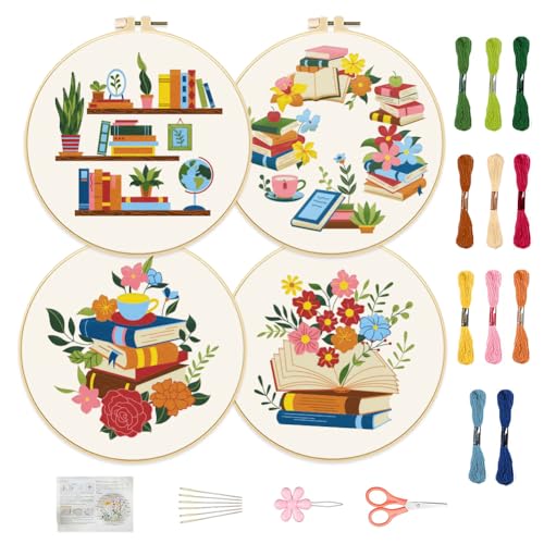 FREEEBLOSS 4 Set Mit 8'' Sticksets Für Anfänger Mit Blumen, Gestempelten Büchern Und Blumenmuster Stickset, Kreuzstichset, Stick Starter Set Mit Anleitung, Stickrahmen, Fäden Für Bastelliebhaber von FREEBLOSS