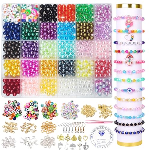 980 Stück Perlen zum Auffädeln 8mm Runde Bunte Perlen Set mit Buchstabenperlen,Charms,Kristalllinie 28 Farben Bastelperlen zum Auffädeln Perlen für Armbänder,Schmuckherstellung,DIY Halsketten,Ohrringe von FREECOZYER