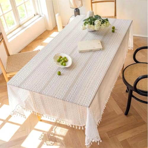 FRINZA Spitzen-esstischdecke 1 x japanische Esstisch Tuch im Boho-Stil, beige und Schwarze Esstisch Tuch mit Quaste, geometrisches Muster, for den rechteckigen Schreibtisch(Beige,W140cm X L140cm) von FRINZA