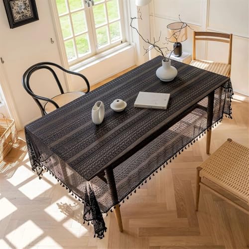 FRINZA Spitzen-esstischdecke 1 x japanische Esstisch Tuch im Boho-Stil, beige und Schwarze Esstisch Tuch mit Quaste, geometrisches Muster, for den rechteckigen Schreibtisch(Nero,W140cm X L180cm) von FRINZA