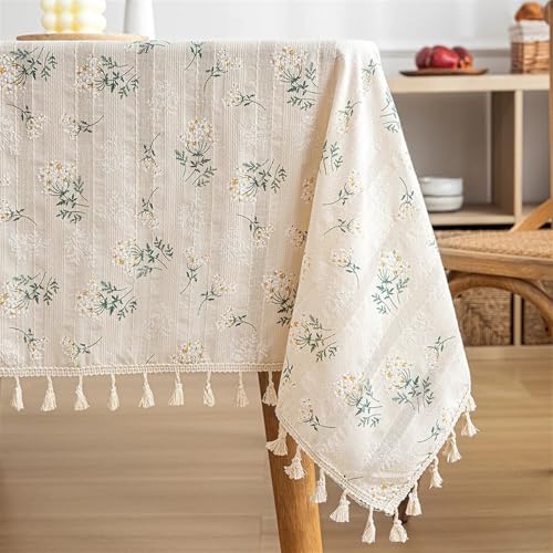 FRINZA Spitzen-esstischdecke Baumwoll-Blumentischdecke, Teetischdekoration, rechteckige Esstisch Tuch for Küche, Hochzeit, Esszimmer(Floral-beige Tassels,140X200cm) von FRINZA