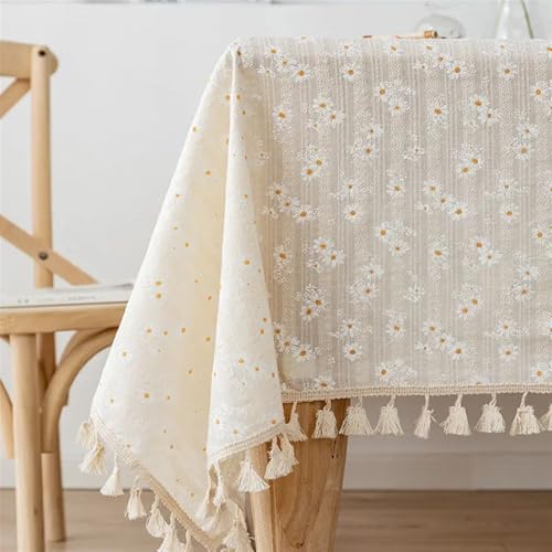 FRINZA Spitzen-esstischdecke Baumwoll-Blumentischdecke, Teetischdekoration, rechteckige Esstisch Tuch for Küche, Hochzeit, Esszimmer(Golden Daisy Tassels,140X200cm) von FRINZA