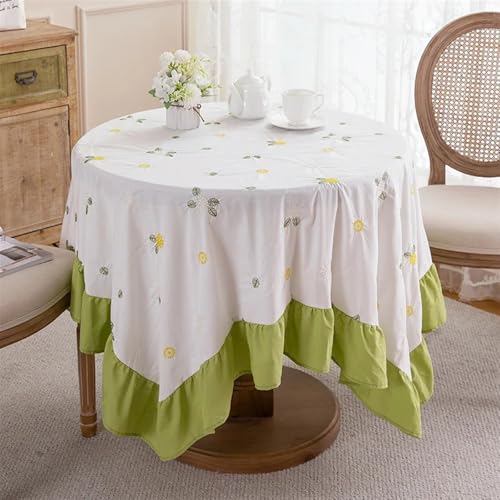 Spitzen-esstischdecke Amerikanische Pastoral-Stil-Volant-Tischdecke, waschbar, Blumen-Lavendel-Tischdecke, Teetisch, Esstisch-Dekoration(Yellow Flower Green,150cm) von FRINZA