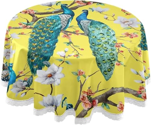 Spitzen-esstischdecke Esstisch Tuch, 3D-Tischdecke mit Pfauen- und Orchideenmuster, rund, 152,4 cm, wasserdichter Tischschutz for den Esstisch im Freien, Hochzeit, Party, Esszimmer(Peacock 18) von FRINZA