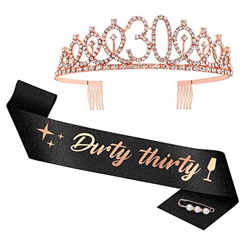 FRIUSATE "Dirty Thirty " 30. Geburtstags-Krone Schärpe Set, Roségold Geburtstags Kristall Tiara für Frauen Birthday Crown Prinzessin Haar-Zusätze für Frauen Party Accessoires(Schwarz) von FRIUSATE