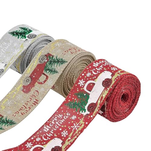 FROON Geschenkverpackung 3 Rollen Weihnachtsband mit Draht, Mehrfarbig, flexibel, dekoratives Weihnachtsband für Kränze, Schleifen, DIY-Weihnachtshandwerk von FROON