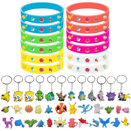 FRPABCF Cartoon Spielzeug Mini Set, 24 Stück Cartoon Pearl Minifiguren + 12 Leuchtendes Silikon Armband + 12 Anime Schlüsselanhänger, Party Mitgebsel, Erwachsene Kinder Gastgeschenk Party Dekoration von FRPABCF