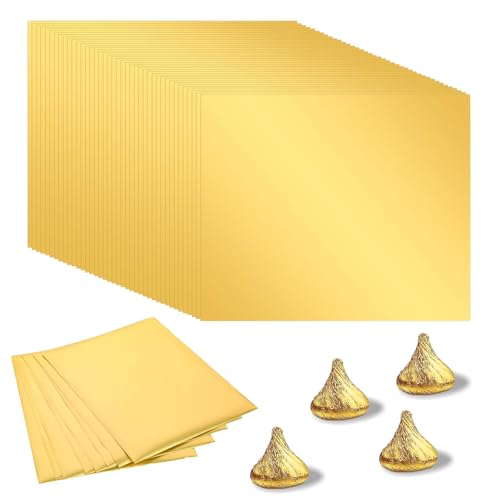 100 Stück Folie Papier Wrapper, 16 x 19 cm Goldfolie Papier, Schokolade Verpackungen Bonbonpapier aus Quadratisch Geschenkpapier Aufbewahrung Alufolie für Hochzeitsfeiern, Geburtstagsfeiern (Glänzend） von FRTAOOP