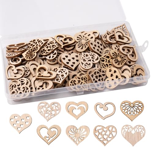 FRUHLING 100 pcs Holzherzen Deko Holz Herzen Hochzeit Holzherzen zum Basteln Durchmesser 3 cm Herz Holz Scheiben für Geschenkanhänger Geburtstag Taufe Valentinstag Hochzeitsdeko Tisch 9 Muster von FRUHLING