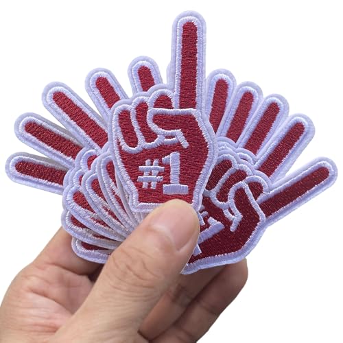 12 Stück Kastanienbrauner Burgunderroter One Finger Salute Zeigefinger #1 Nummer Eins zum Aufbügeln bestickte Aufnäher Applikationen Maschinenstickerei Cheerleading Sport Game Day Trucker Hut Kappe von FSFYXHC