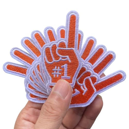 Wholesale 12 orangefarbene One Finger Salute Index Finger #1 Nummer eins zum Aufbügeln bestickte Flicken Applikationen Maschinenstickerei Cheerleading Sport Game Day Trucker Hut Kappe Stirnband Patch von FSFYXHC