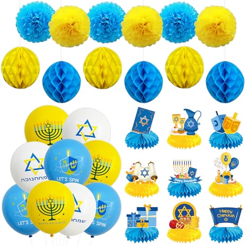 Happy Chanukkah-Party-Dekorationsset – Chanukah-Papier-Pompons, Blumen, Wabenbälle – Chanukka-Party-Ballons, Partyzubehör, Chanukkah-Waben-Tafelaufsätze, Schreibtisch-Dekoration von FSHANEE