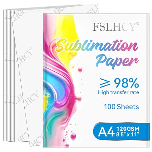 FSLHCY Sublimationspapier A4 für Baumwolle, T-Shirt, Tassen, Glass, 100 Blatt, Sublimation Paper 120 g/m² Kompatibel mit Inkjet Drucker Sublimationsdruckern 210 x 297 mm von FSLHCY