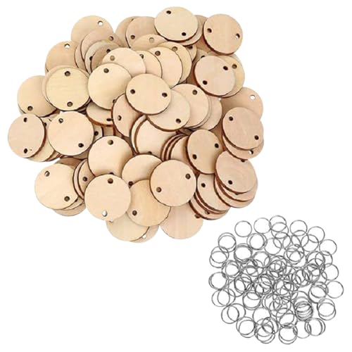 100 Stück 3,1 cm große Holz-Kreis-Anhänger mit 2 Löchern, kleine runde Holzscheiben, Ausschnitte, Mini-unlackierte Holzkreise, Familiengeburtstagstafel, Holzanhänger, Kalender, hängende Holzanhänger von FSSTUD