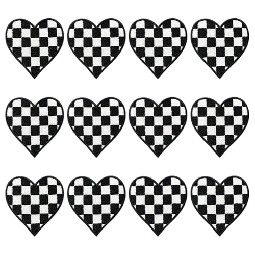 12 Stück schwarz weiß karierte Aufnäher Rennwagen Bügelbilder Herz bestickte Patches Racing Applikation Patches Herz Aufnäher Applikationen für Kleidung Handwerk von FSSTUD