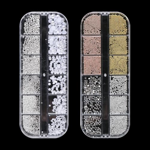 2 Boxen 3D-Nagel-Charm-Set, runde Metall-Nagelperlen, flache Rückseite, Nagelanhänger, verschiedene Größen, Nagel-Strasssteine, Mini-Nagelkunst-Anhänger, Nageldesign, Schmucksteine, dekorative von FSSTUD