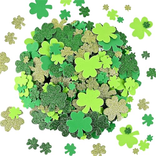 FSSTUD 200 Stück St. Patrick's Day Kleeblatt Schaumstoff-Aufkleber, selbstklebend, Basteln, Kleeblatt, bunte Glitzer-Schaumstoff-Aufkleber, Glücksklee-Schaumstoff-Aufkleber, dekorative von FSSTUD