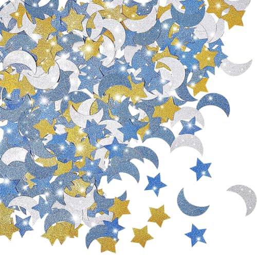 300 Stück Stern und Mond Papier Konfetti Glitzer Stern Tischkonfetti Party Stern Pailletten Brautdusche Konfetti Hochzeit Konfetti Streuung für Dekorationen Blau Golden Silber von FSSTUD