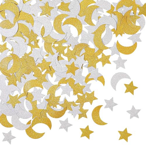 300 Stück Stern und Mond Papier Konfetti Glitzer Stern Tischkonfetti Party Stern Pailletten Brautdusche Konfetti Hochzeit Konfetti Streuung für Dekorationen Golden Silber von FSSTUD