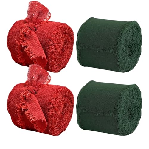 4 Rollen 4 cm breites Fransenband aus Chiffon mit ausgefranstem Rand, Geschenkbänder, Hochzeitseinladungsbänder, Blumenstrauß, Kunst- und Bastelbänder für Dekoration, dunkelgrün und rot von FSSTUD