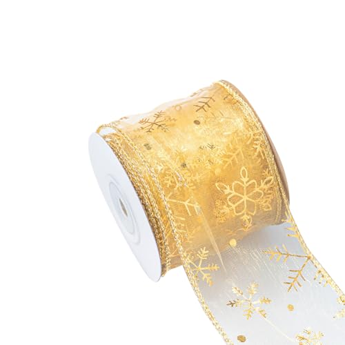 9 Meter 6,3 cm breit, durchscheinendes Organza-Schneeflockenband, Winter, Weihnachtsbaum, Drahtband, Glitzertüllband, Geschenkverpackung, Netzband, Weihnachten, Chiffonband, Schleifenband für von FSSTUD