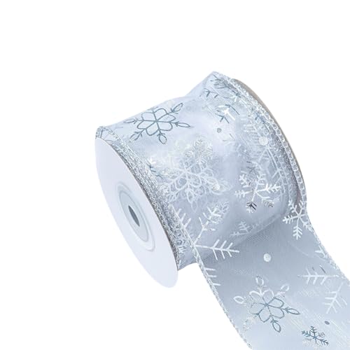 9 Meter 6,3 cm breit, durchscheinendes Organza-Schneeflockenband, Winter, Weihnachtsbaum, Drahtband, Glitzertüllband, Geschenkverpackung, Netzband, Weihnachten, Chiffonband, Schleifenband für von FSSTUD