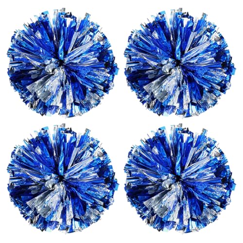 Cheerleader-Pompons, 30 cm, Blau und Silber, glänzend, für Sport, Cheerleader, Wettkampf, mit Griff für Performance, 4 Stück von FSSTUD