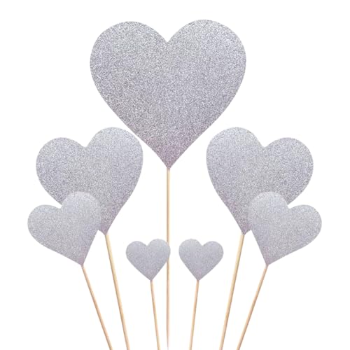 Cupcake-Topper mit Glitzer-Herzen, für Valentinstag, Party, Kuchen, Hochzeit, Verlobung, Cupcake-Topper, Glitzer, Snack-Kuchenaufsätze, gemischte Größen, Herz-Cupcake-Picks, Silber, 70 Stück von FSSTUD